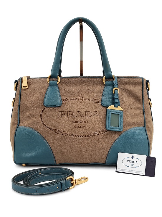Prada Handbags - Prada Canapa Canvas Leather Boston Satchel Shoulder Bag Gray Blue